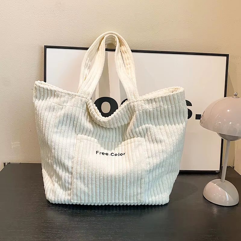 Autumn and Winter Large Capacity Women Shoulder Bag for Daily Used, Corduroy Casual Tote Bags Ladies Commuting Handbags