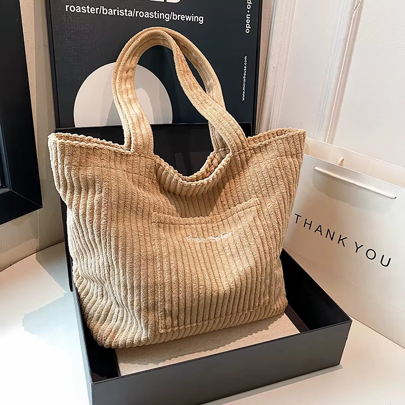 Autumn and Winter Large Capacity Women Shoulder Bag for Daily Used, Corduroy Casual Tote Bags Ladies Commuting Handbags