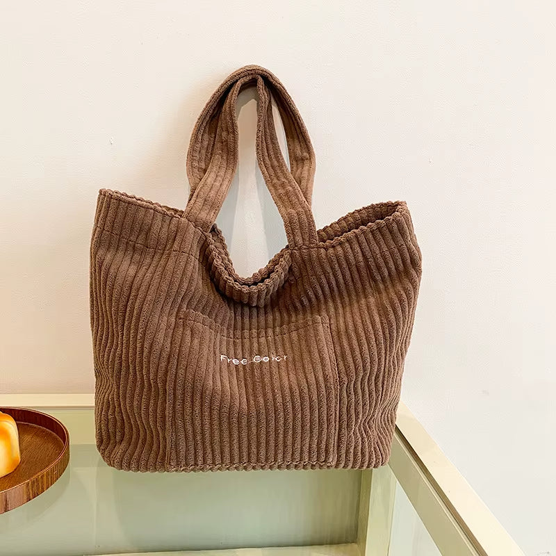 Autumn and Winter Large Capacity Women Shoulder Bag for Daily Used, Corduroy Casual Tote Bags Ladies Commuting Handbags