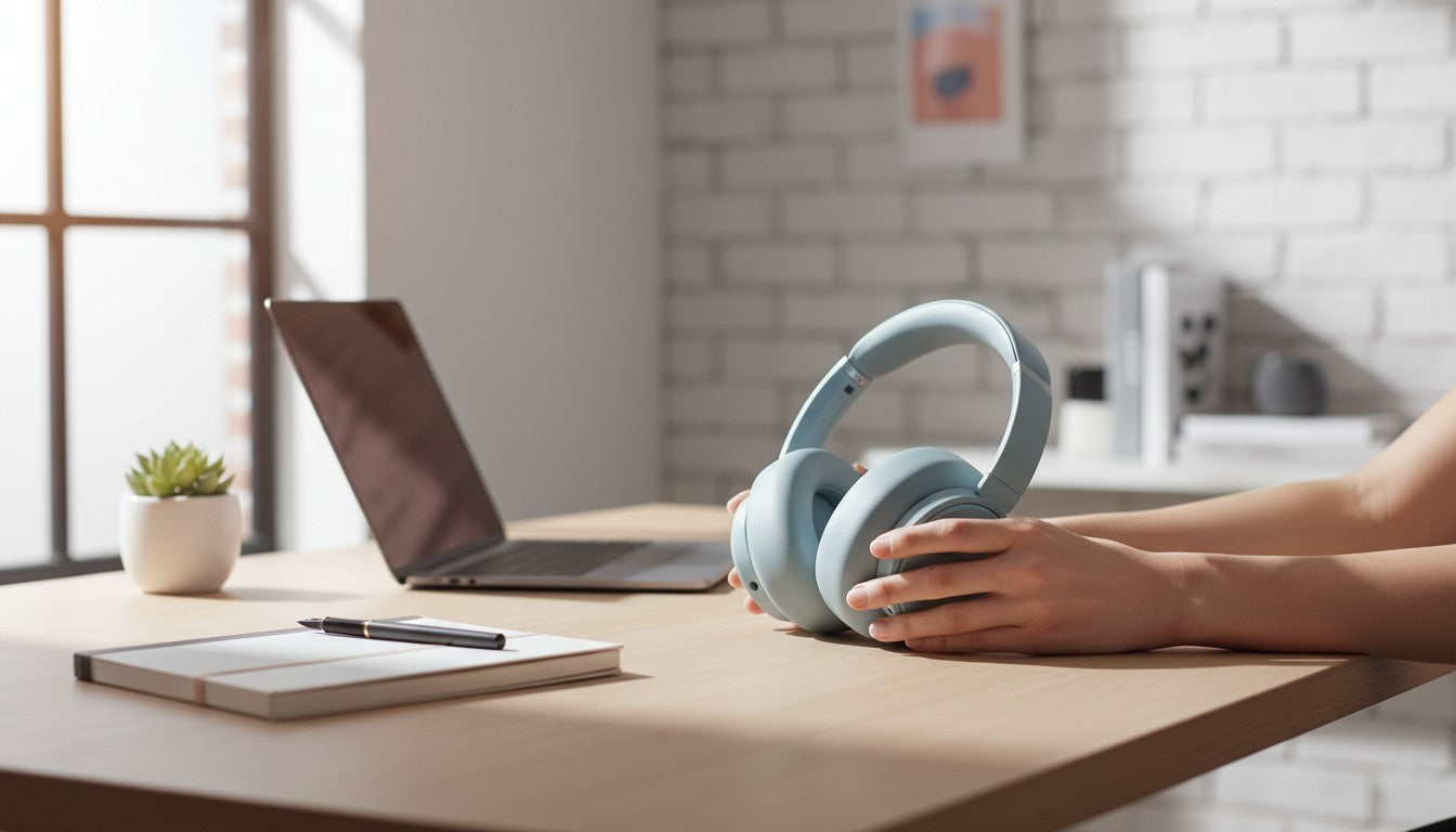 Person holding a pair of blue headphones on a desk with a laptop and notebook.