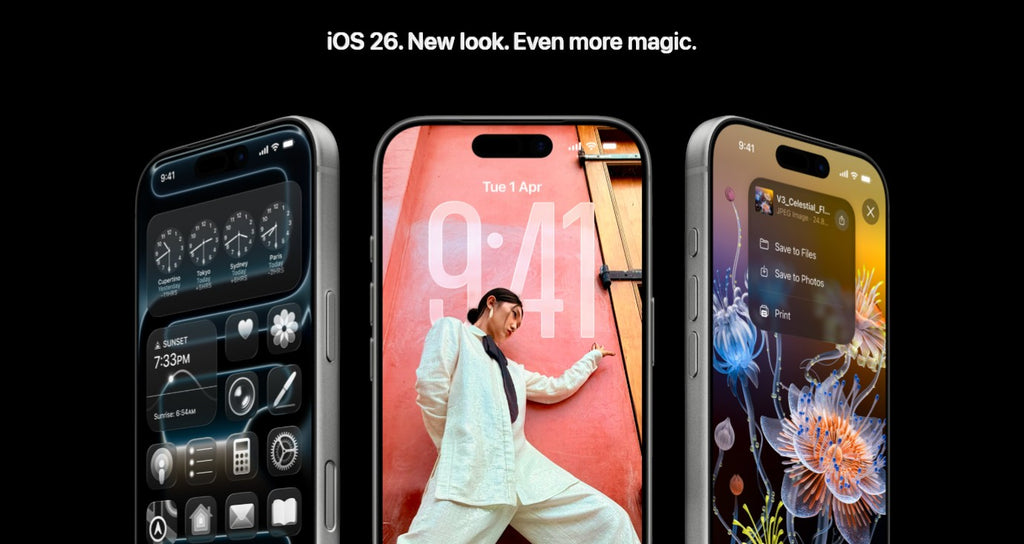 ASKY Digital iPhone 14 Pro showing iOS 26 lock screen with world clocks and customizable widgets.
