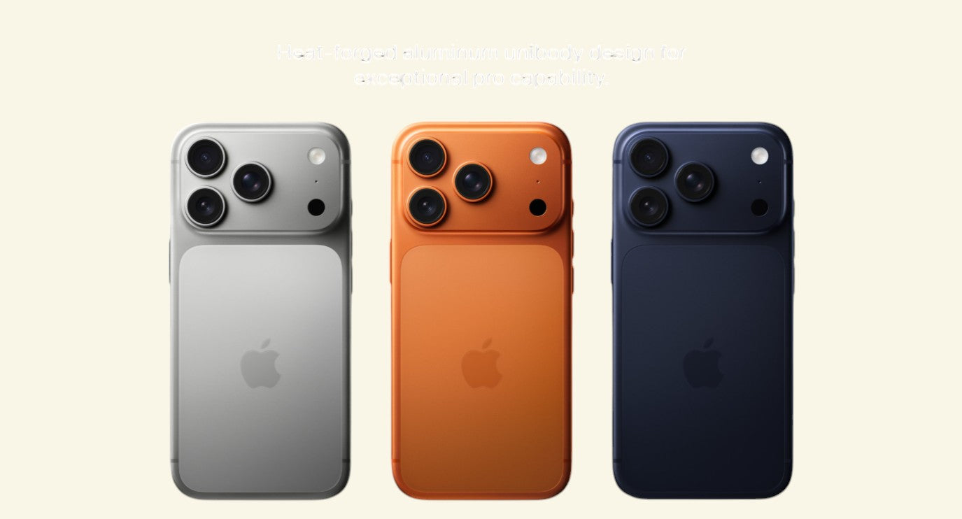 ASKY Digital iPhone 15 Pro in silver, orange, and navy blue. Features triple rear cameras and aluminum unibody design.
