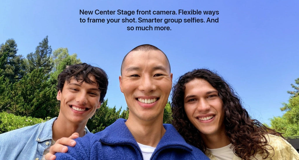 ASKY Digital iPhone 17 256GB with 48MP camera, 6.3-inch ProMotion display, A19 chip, eSIM. Three smiling men taking a selfie outdoors.