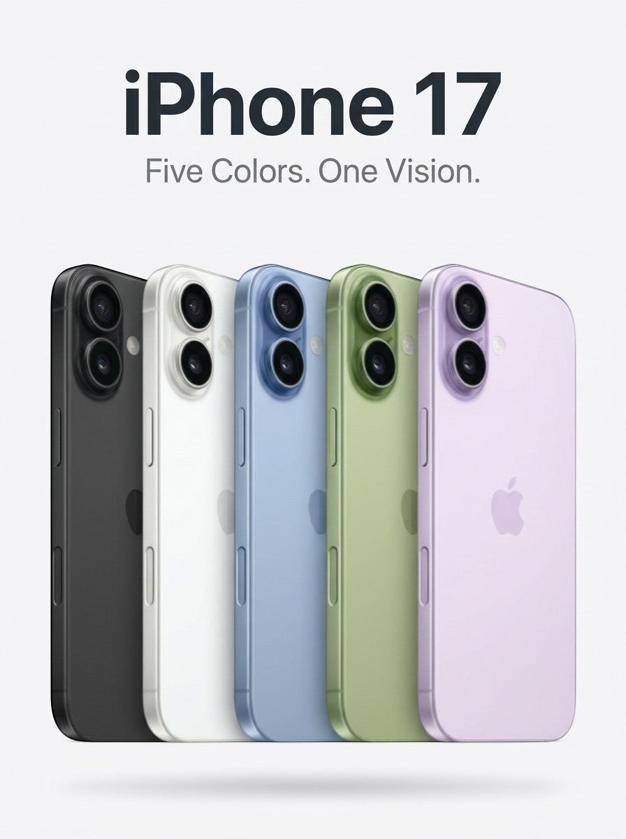 ASKY Digital iPhone 17 in black, white, blue, green, and purple. Features dual camera system.