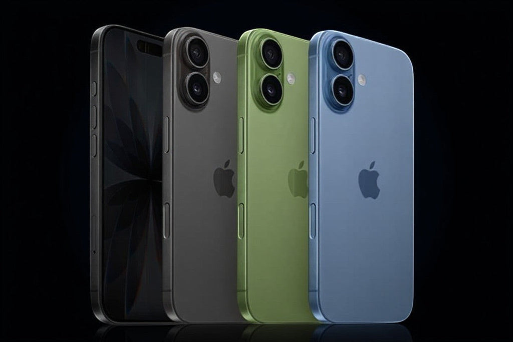 ASKY Digital iPhone 17 in graphite, white, green, blue, and purple. Features dual cameras and Apple logo.