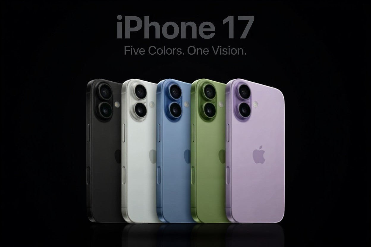 ASKY Digital iPhone 17 in black, white, blue, green, and purple. Features dual camera system and Apple logo.