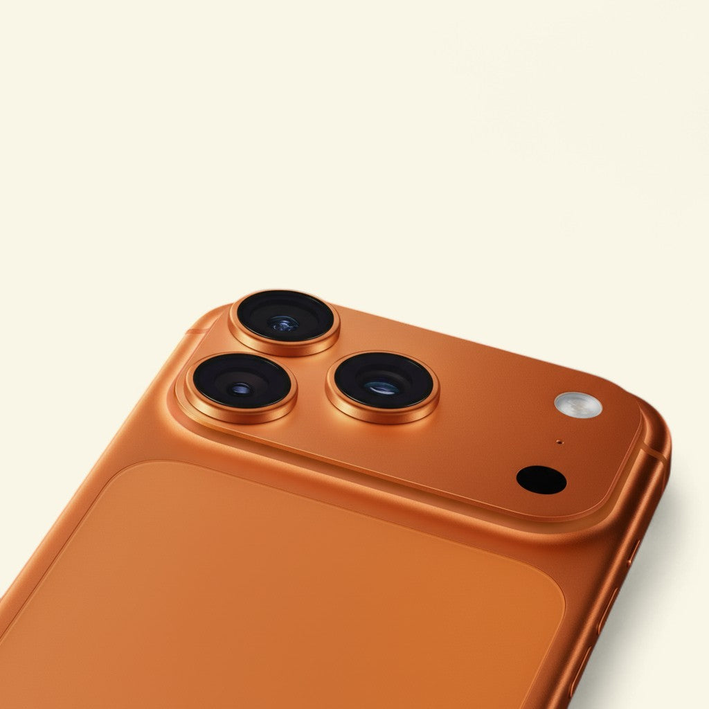 ASKY Digital iPhone 17 Pro in vibrant orange with triple camera lens array and flash.