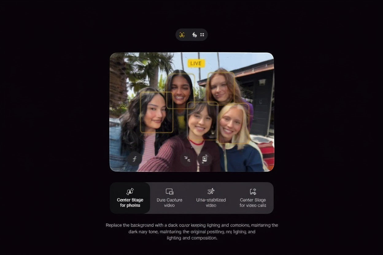 ASKY Digital iPhone 17 in purple, showing a group selfie with Center Stage enabled on the camera app.