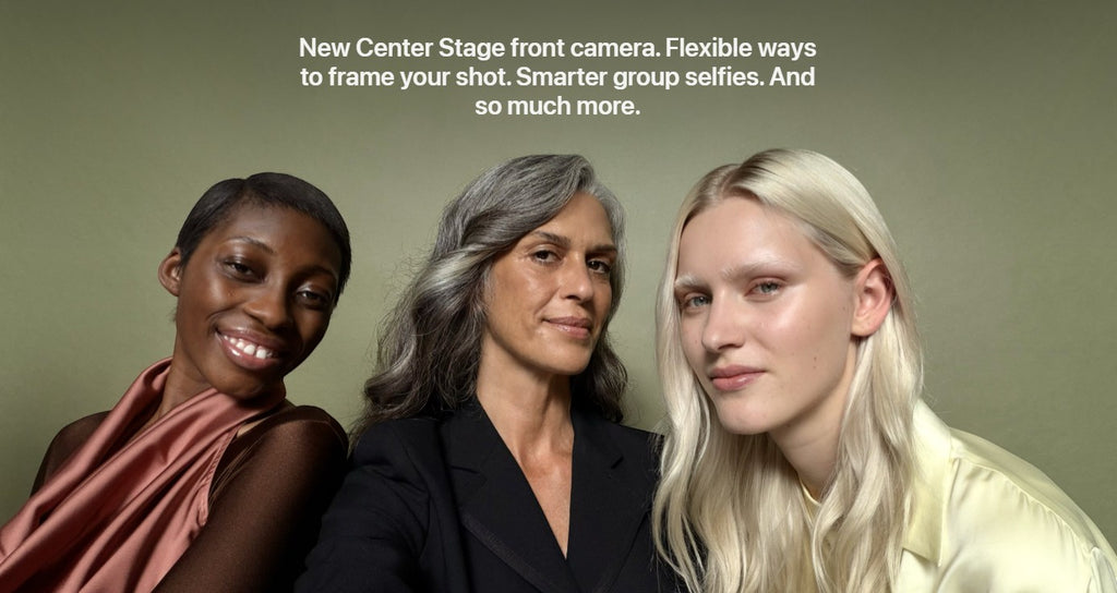 ASKY Digital Macbook Pro with three women smiling, featuring Center Stage front camera for group selfies.