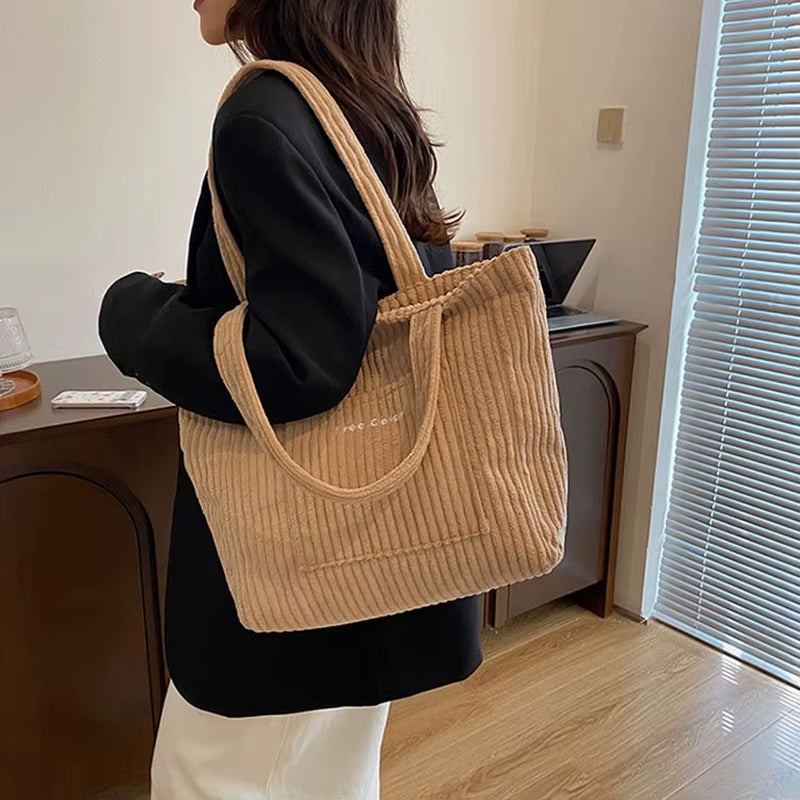Autumn and Winter Large Capacity Women Shoulder Bag for Daily Used, Corduroy Casual Tote Bags Ladies Commuting Handbags