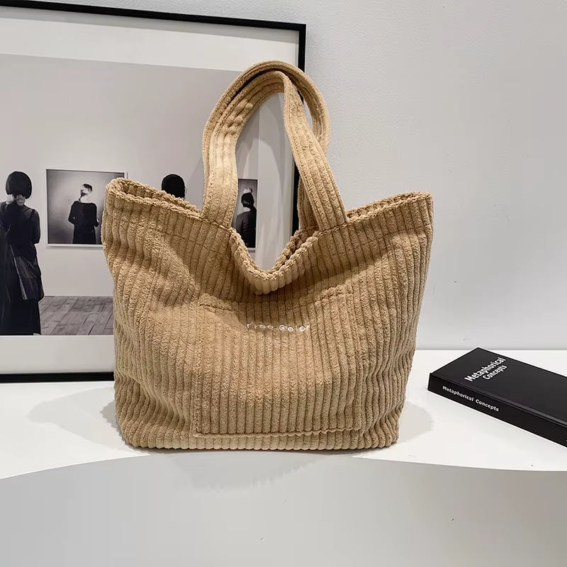 Autumn and Winter Large Capacity Women Shoulder Bag for Daily Used, Corduroy Casual Tote Bags Ladies Commuting Handbags