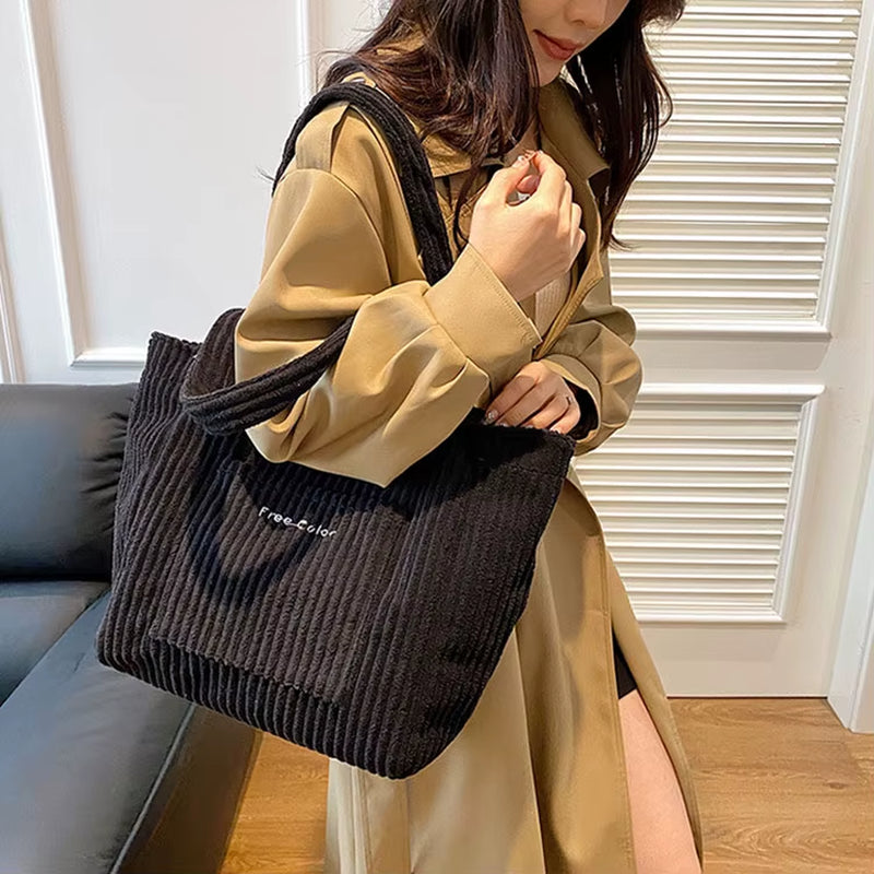 Autumn and Winter Large Capacity Women Shoulder Bag for Daily Used, Corduroy Casual Tote Bags Ladies Commuting Handbags