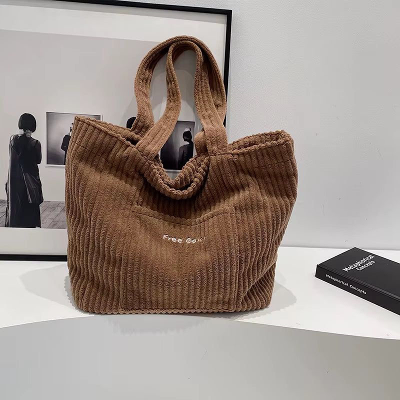 Autumn and Winter Large Capacity Women Shoulder Bag for Daily Used, Corduroy Casual Tote Bags Ladies Commuting Handbags